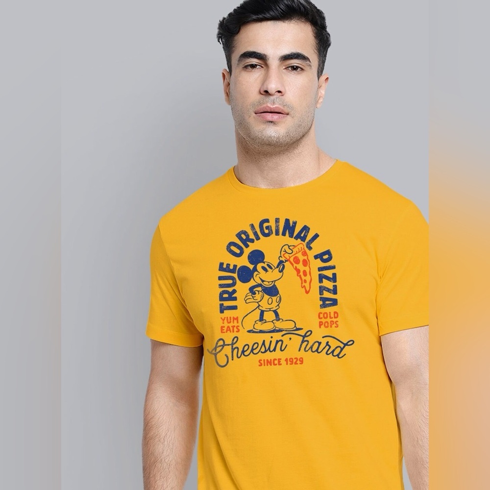 Disney Mickey Mouse Pizza Graphic Tee XL Yellow True Original Cheezin Hard Shirt